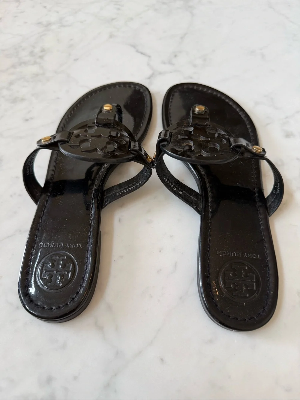 Tory Burch Miller Black Patent Leather Thong Sandals Size 8M